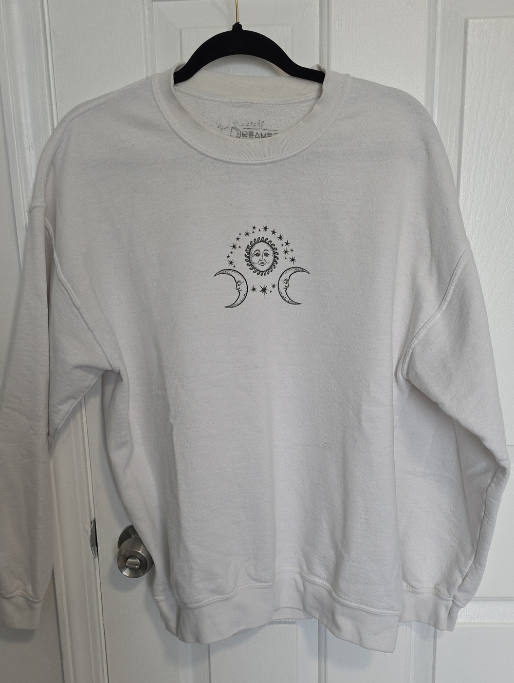 Dreamers White Crewneck with Black Celestial Graphic